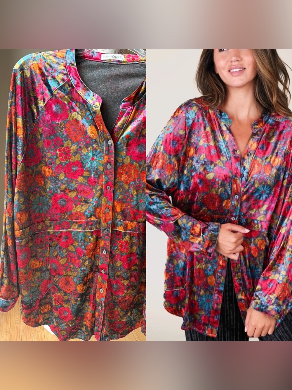 NATURAL LIFE Vibrant Floral Velour Button Front Top